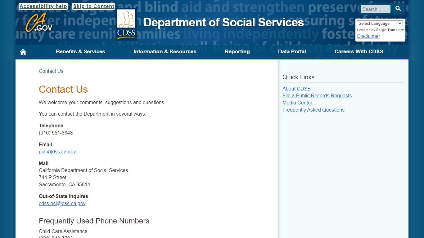 Contact Us - California Department of Social Services